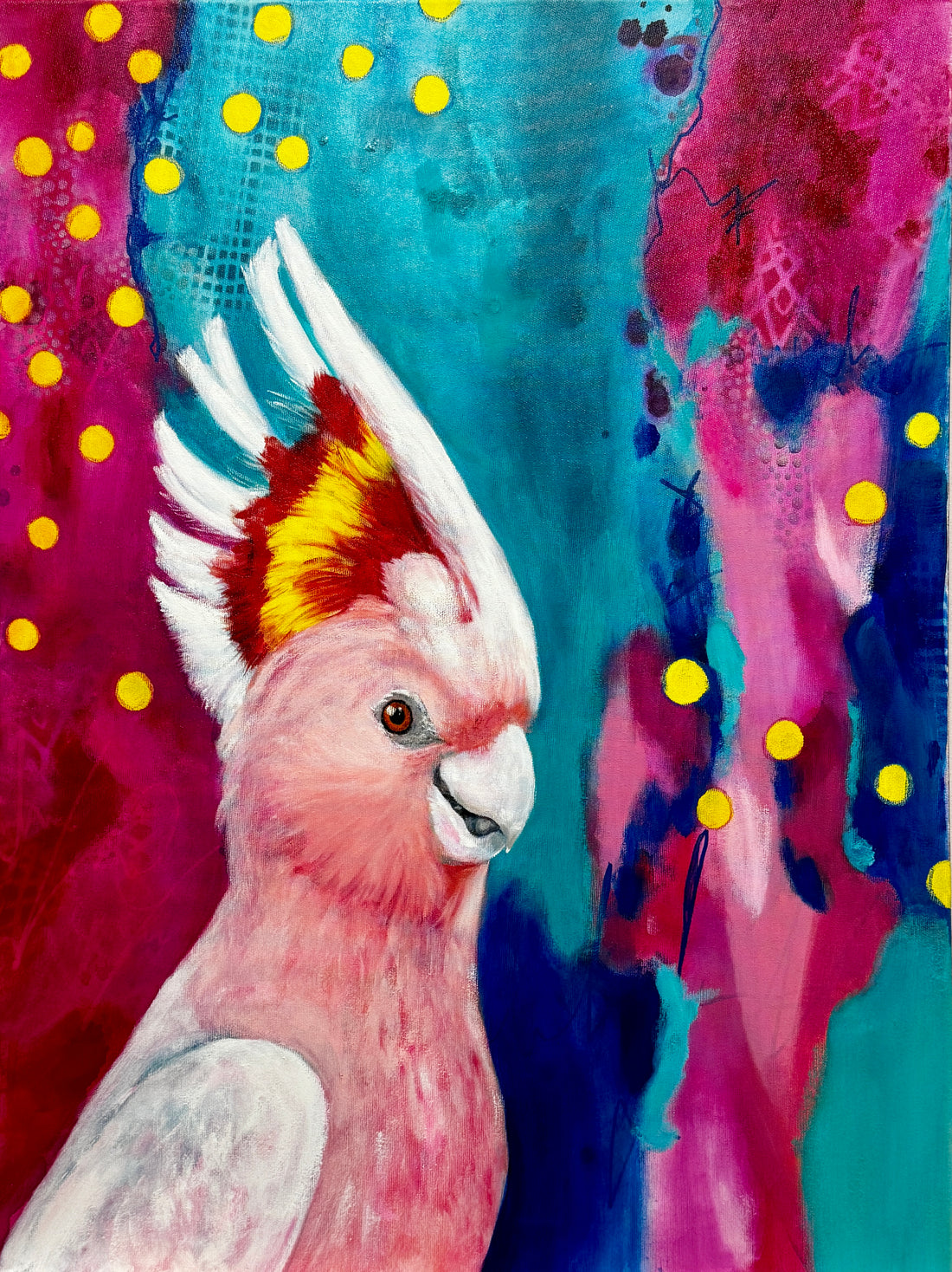 Colourful Abstract Realism painting of Major Mitchell Cockatoo with bright background