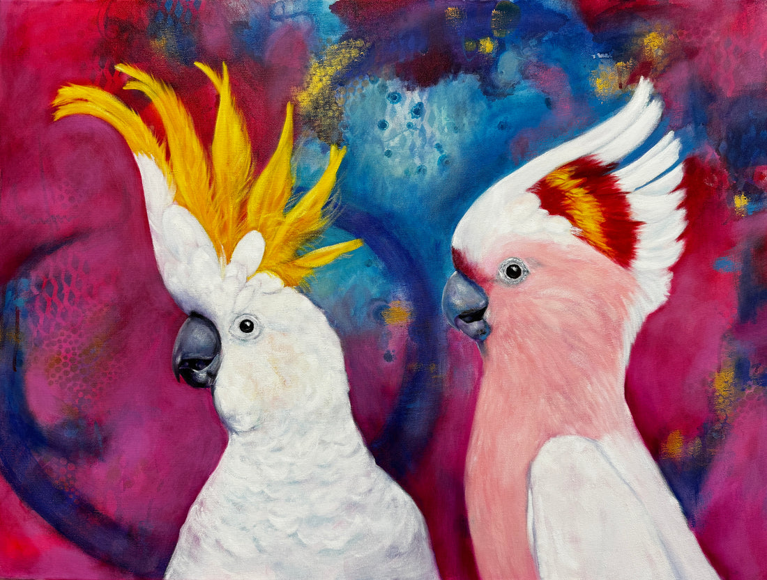 Colourful Abstract Realism Painting of Major Mitchell and Sulphur crested Cockatoo.  Mixed Media with oils