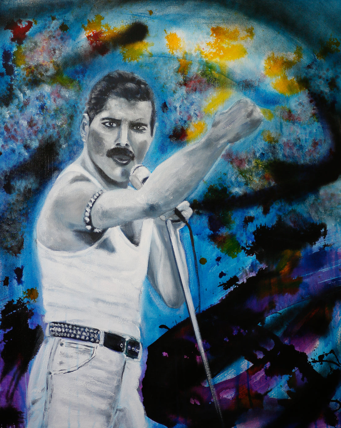 Painting of Freddie Mercury on Stage with colourful abstract background.