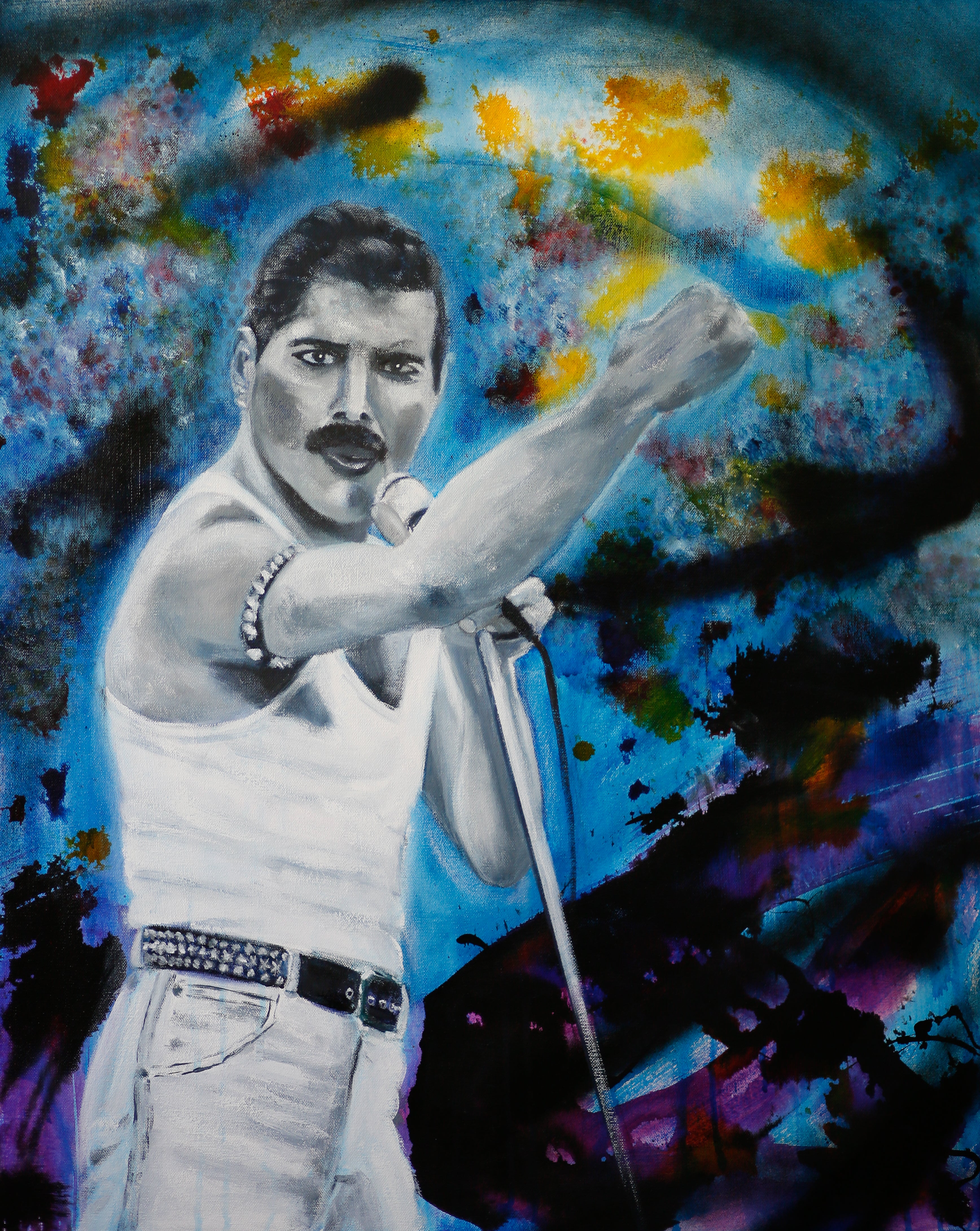 Painting of Freddie Mercury on Stage with colourful abstract background.
