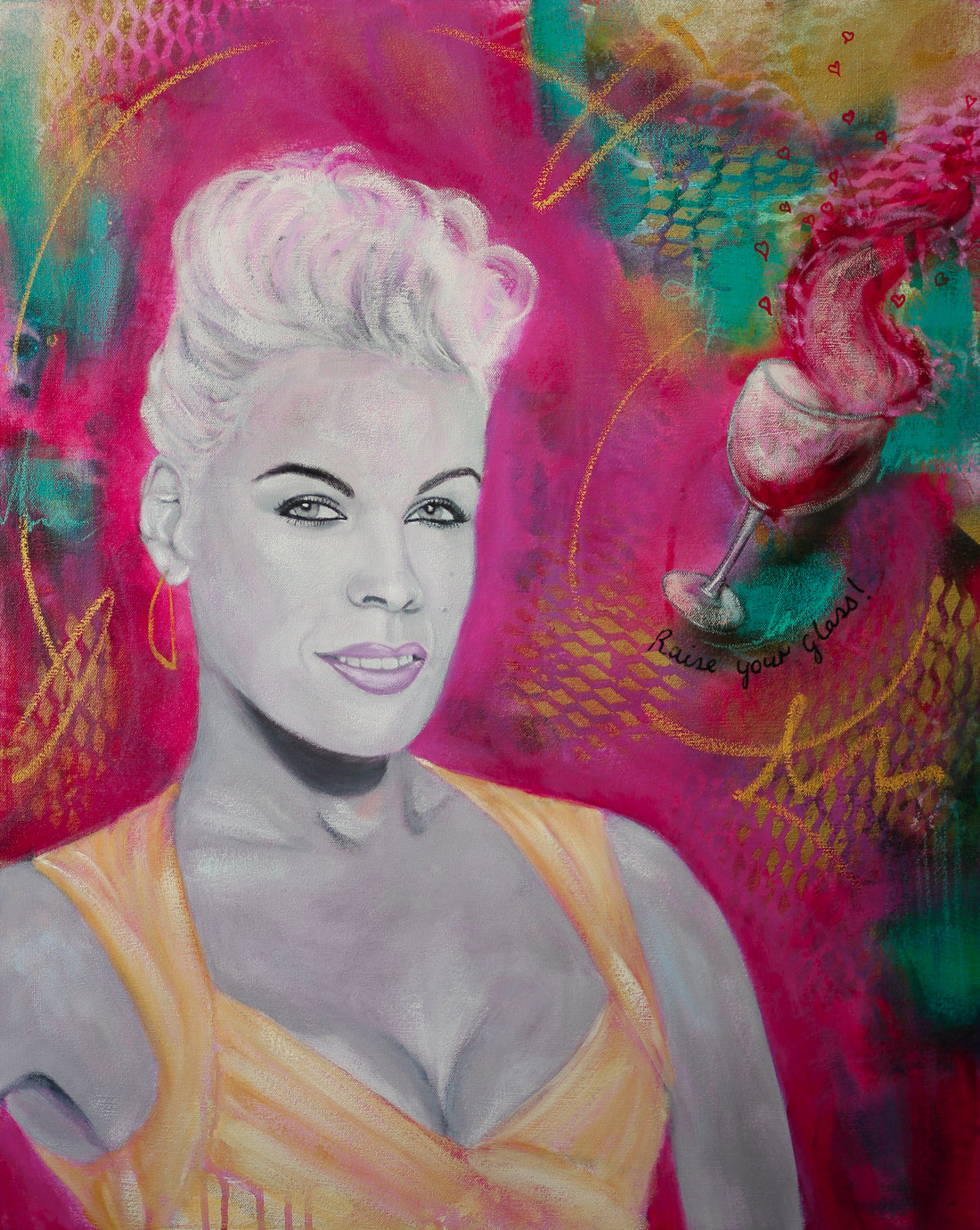 Colourful Mixed media painting of P!nk with abstract background with an overflowing glass of wine