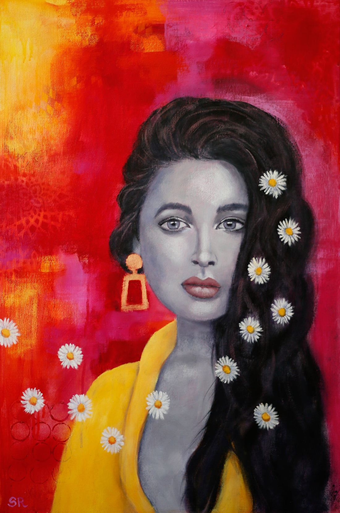 Portrait of a female with long hair and daisies on a colourful abstract background.