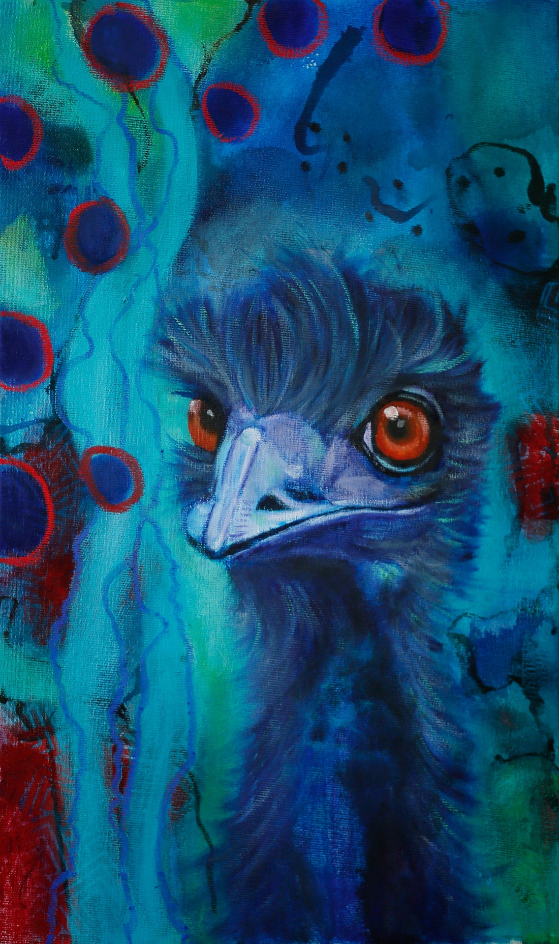 Colourful Mixed Media painting of an emu on a predominantly green and blue abstract backgroiund