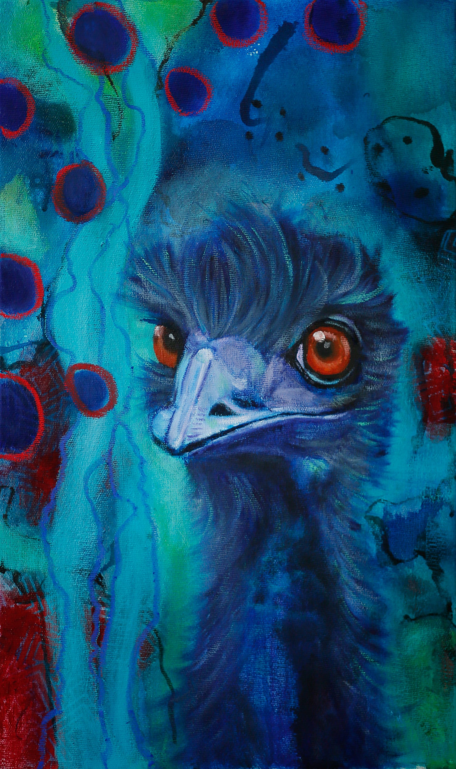 Colourful Mixed Media painting of an emu on a predominantly green and blue abstract backgroiund