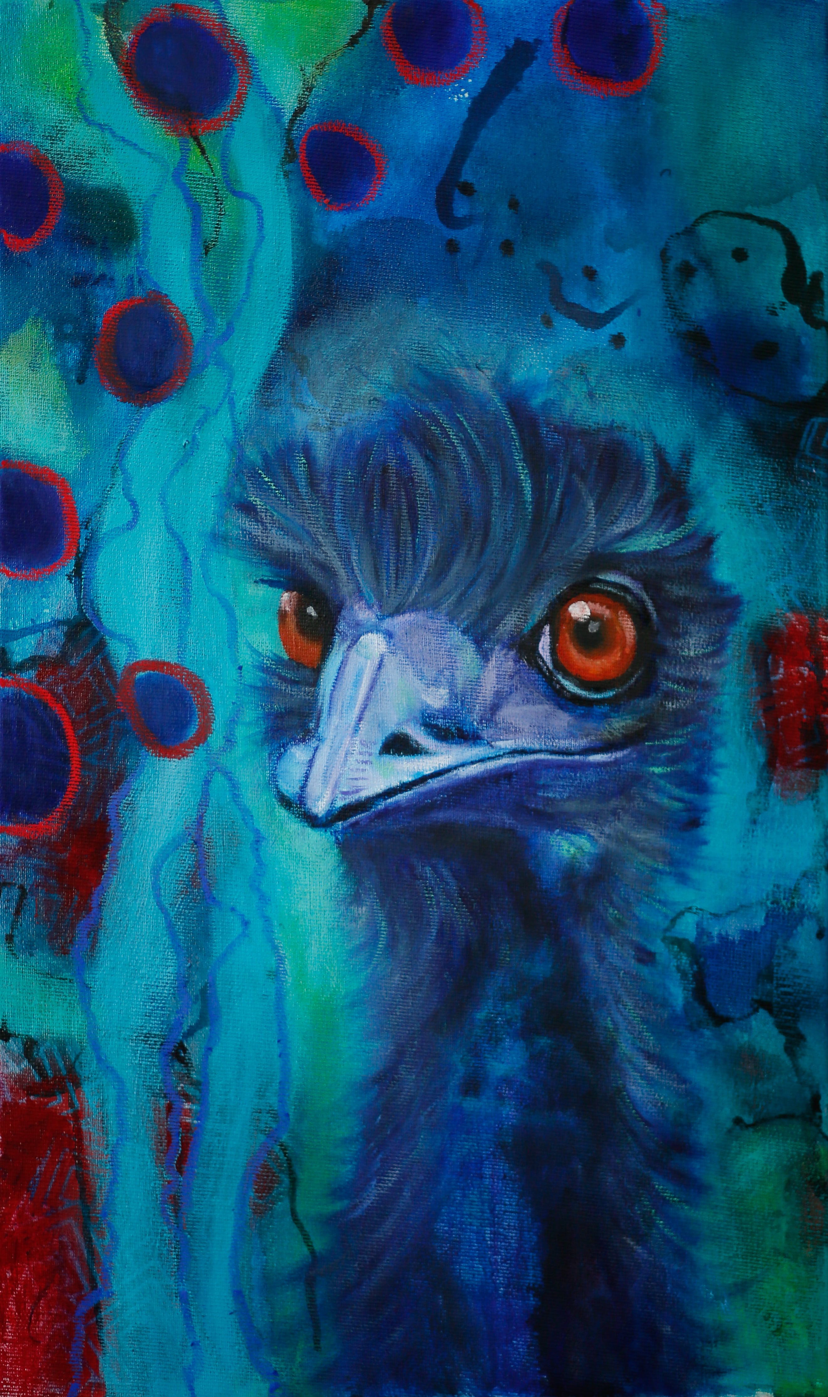 Colourful Mixed Media painting of an emu on a predominantly green and blue abstract backgroiund