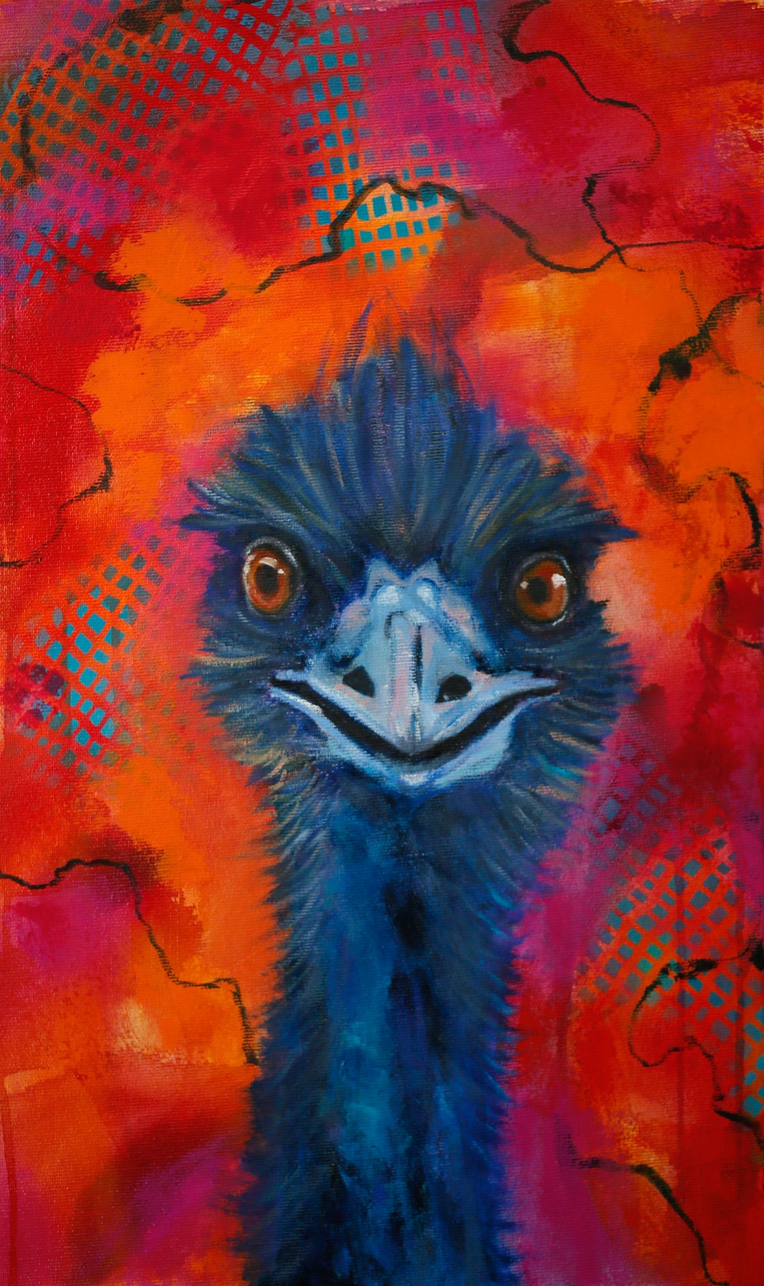 Colourful Mixed Media Painting on a predominnantly orange abstract bacground.