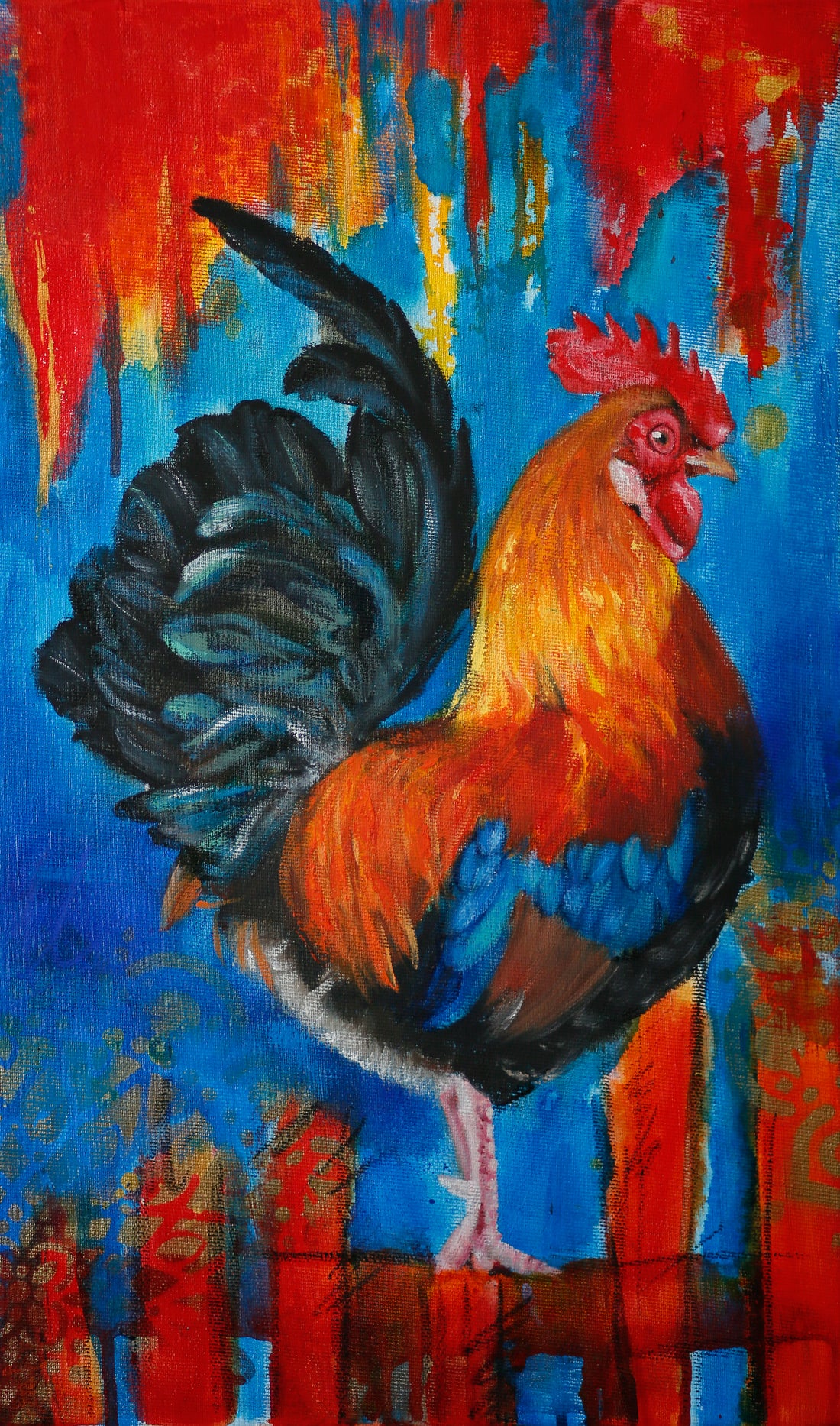Colourful abstract realism painting of a rooster with bright abstract background.
