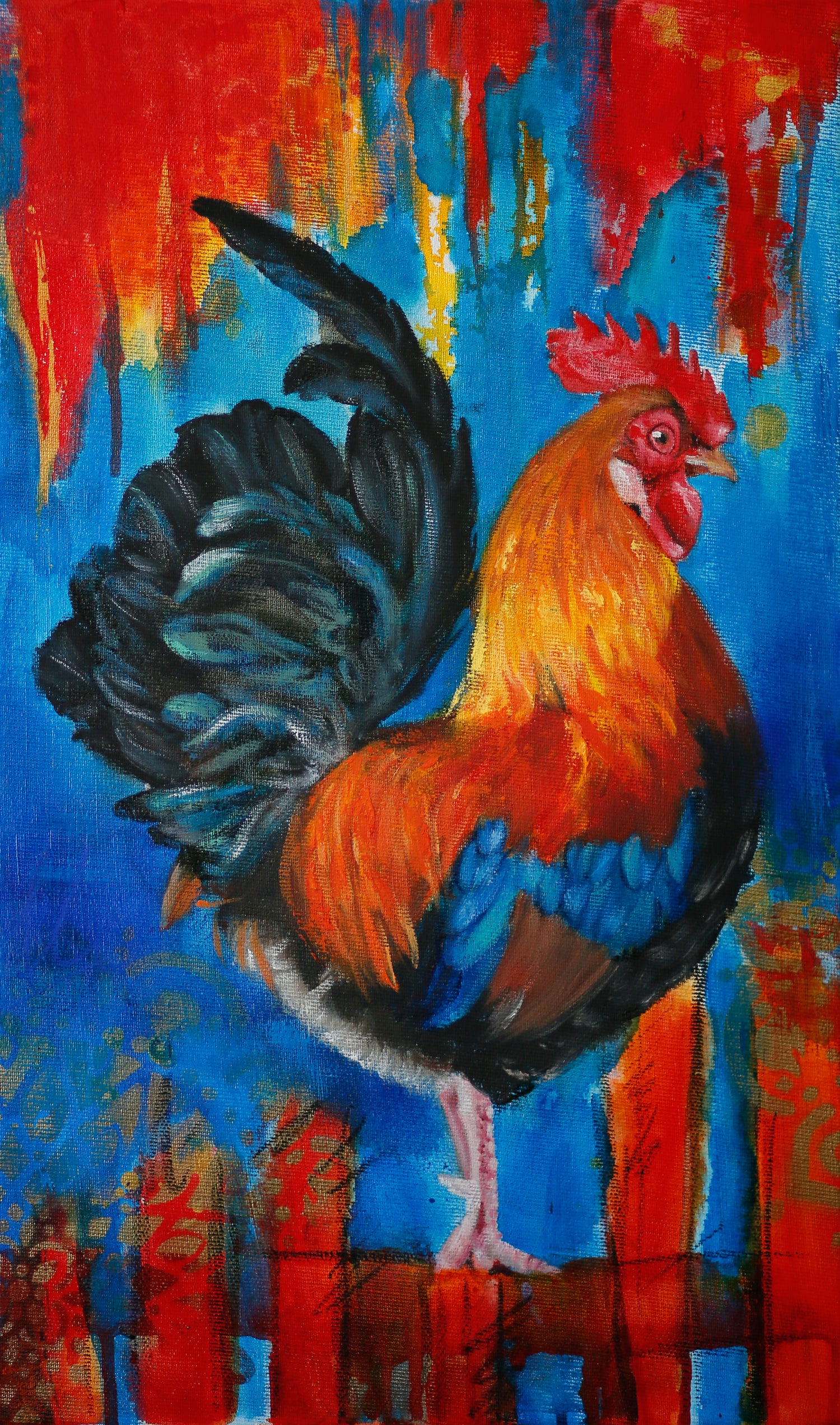 Colourful abstract realism painting of a rooster with bright abstract background.