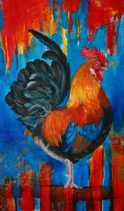 Colourful abstract realism painting of a rooster with bright abstract background.