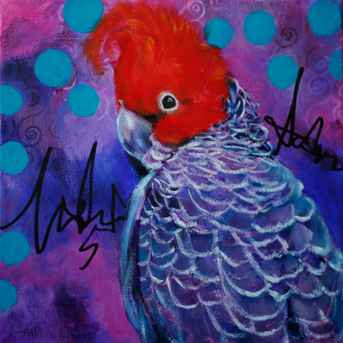 Colourful abstract realism painting of Gang Gang Cockatoo on bright abstract background.