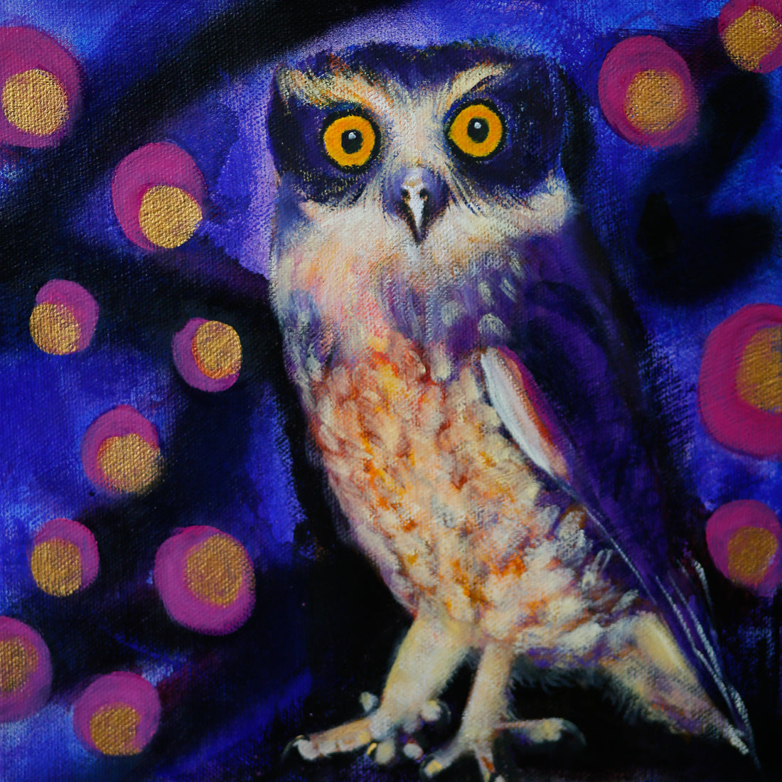 Colourful Mixed media painting of an owl on abstract background.