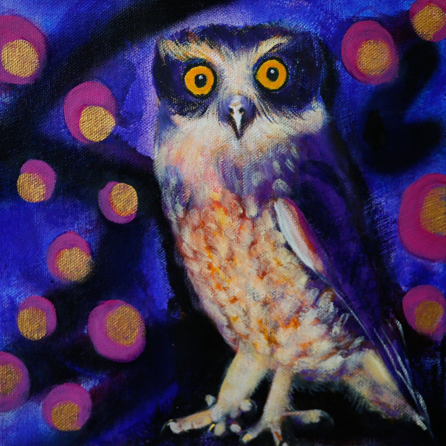 Colourful Mixed media painting of an owl on abstract background.