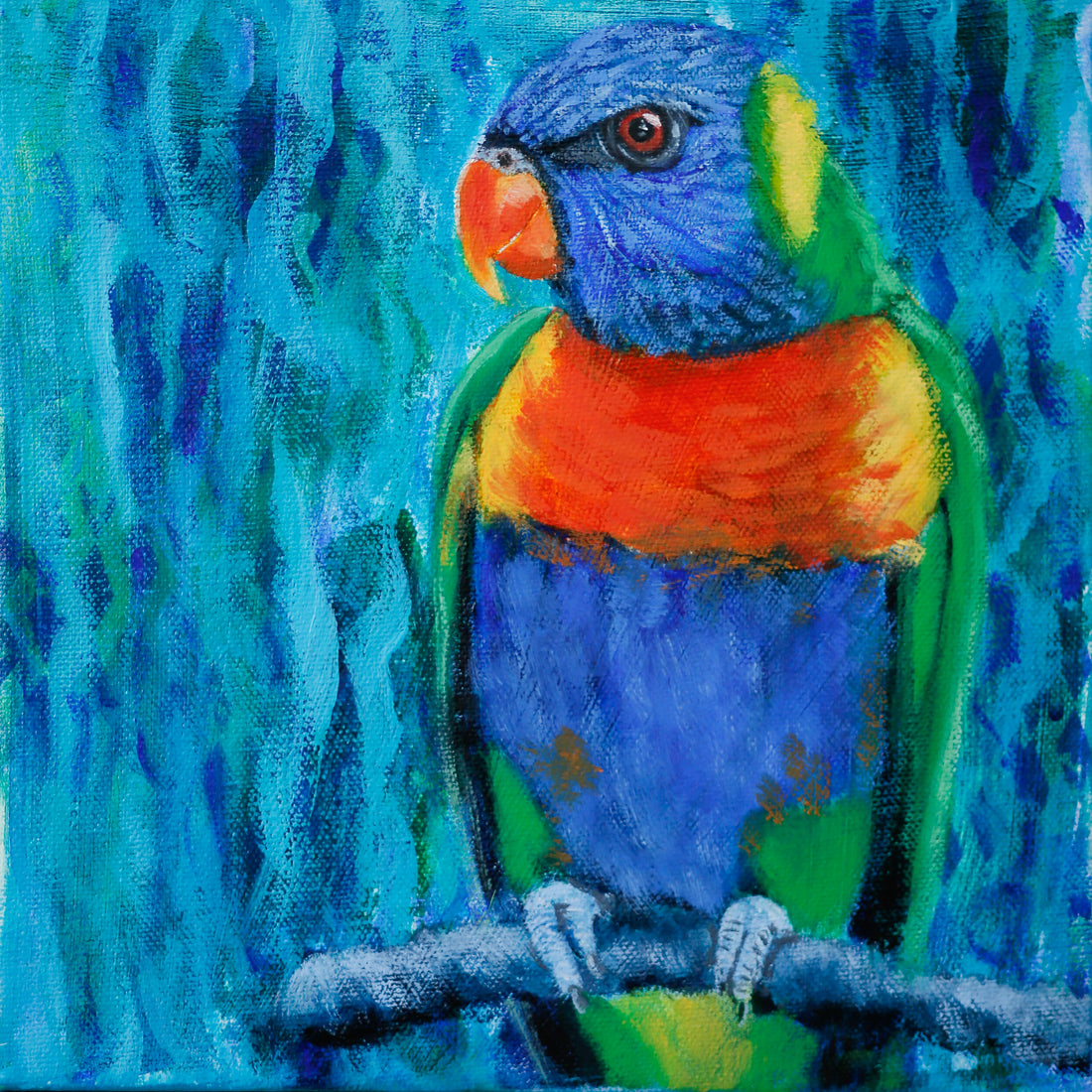Mixed Media painting of a rainbow Lorikeet on blue and green abstract background