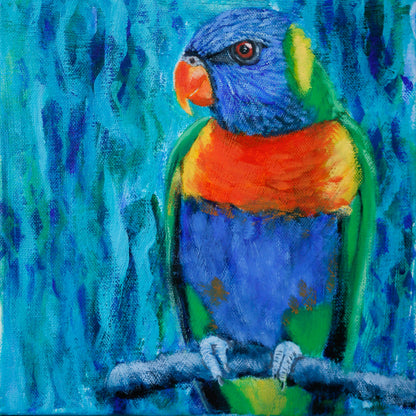 Mixed Media painting of a rainbow Lorikeet on blue and green abstract background