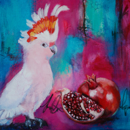 Colourful mixed media painting of Major Mitchell Cockatoo with a pomegranite on an abstract background.